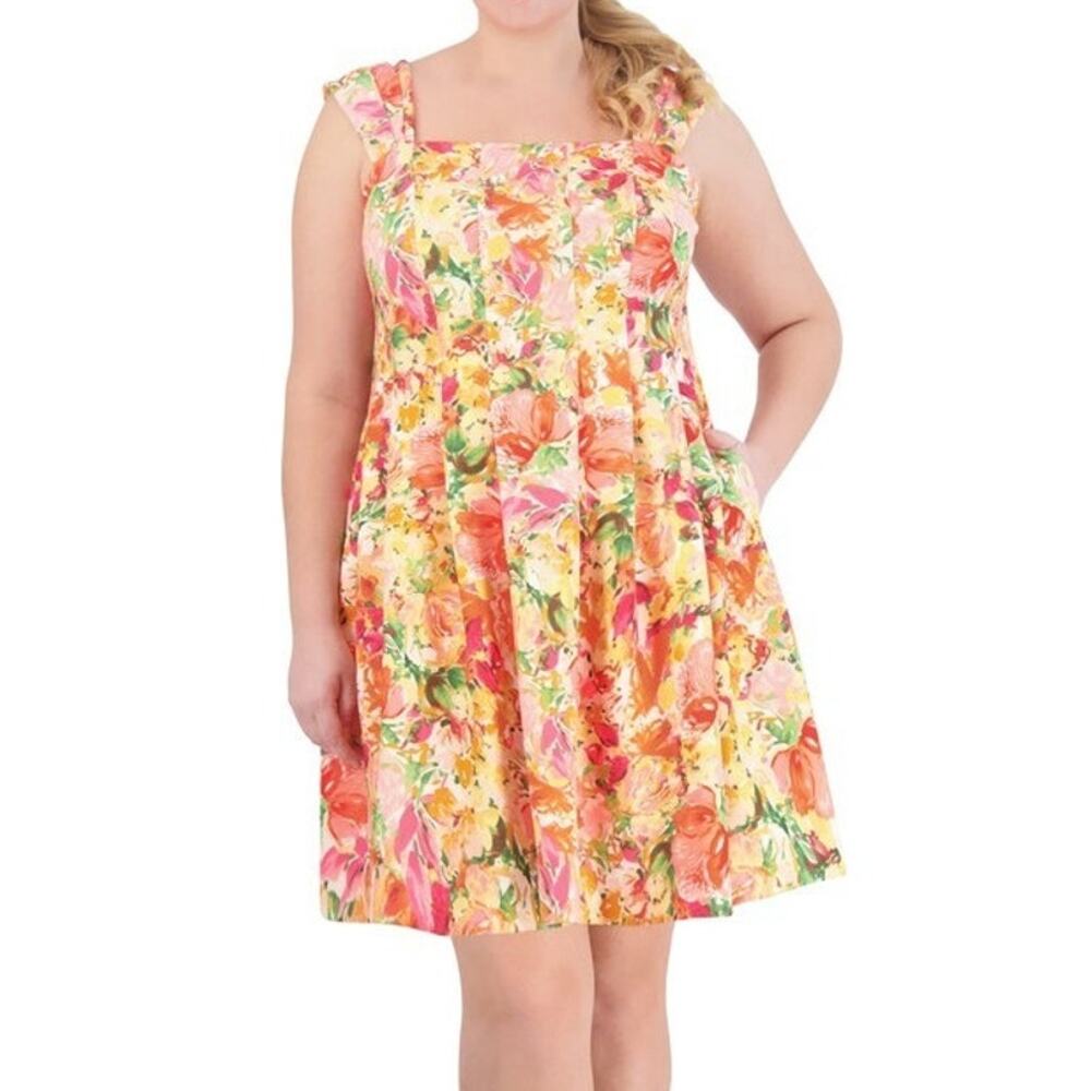 NWT Vince Camuto Floral Square Neck Fit Flare Dress 16W Orange Pink Spring Party